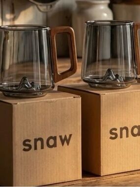 🧸 Snaw | Smokey Gray Glass Slanted Coffee Cups with Wooden Handle • Set of 2
